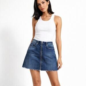 BLANK NYC Denim Mini Skirt Y2K Zip Front Raw Hem Blue Wash 28
